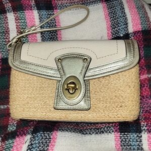 Coach Straw Summertime White / Gold Leather Turn Buckle Wristlet Clutch